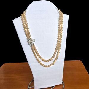 1950s Hollywood Glam Double Strand Faux Pearl Necklace Ornate Rhinestone Clasp
